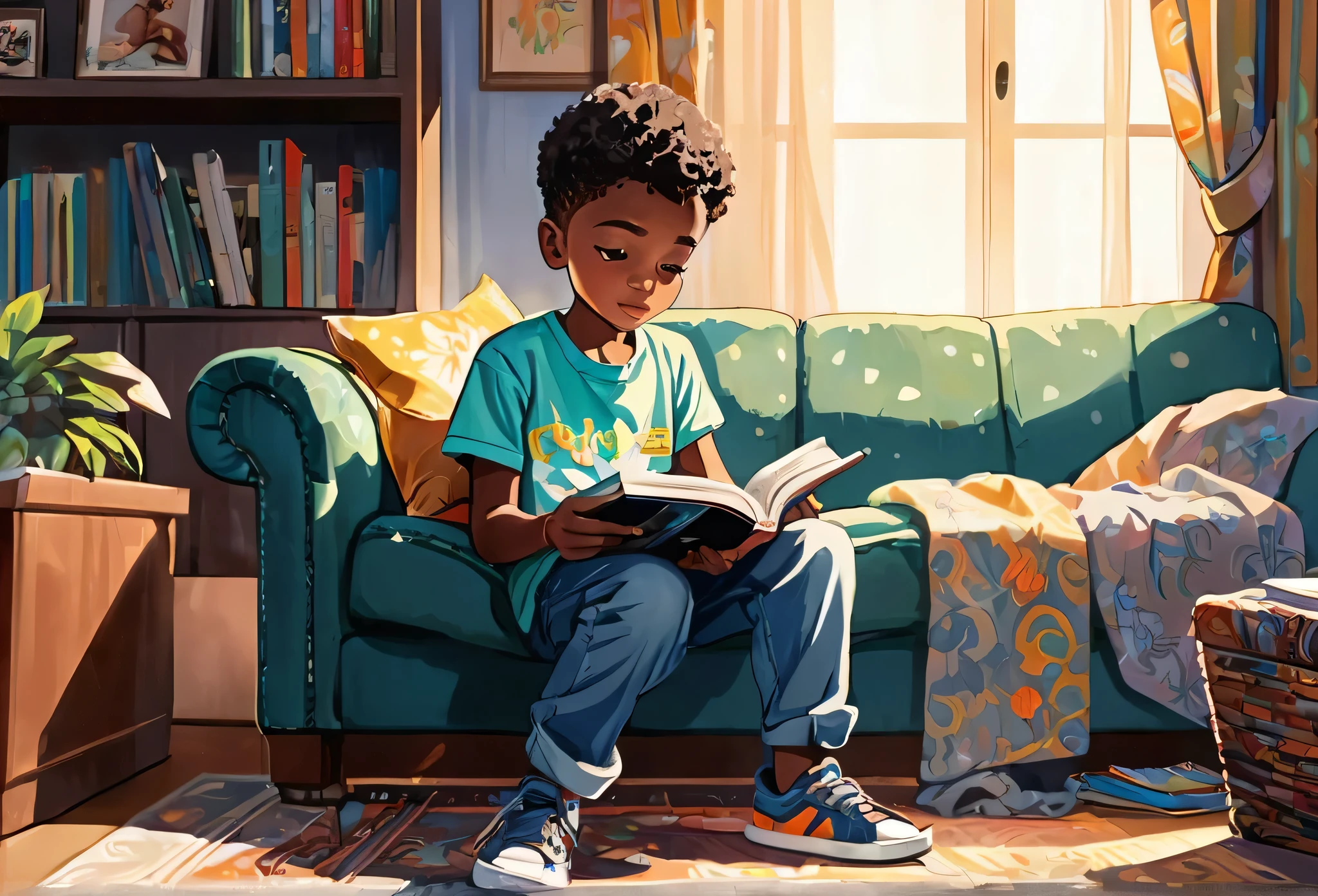  13 years old black teenage boy, reading a book in his living room casual dress, 
 (masterpiece best quality:1.2) delicate illustration ultra-detailed, illustrations, bright, colourful, 