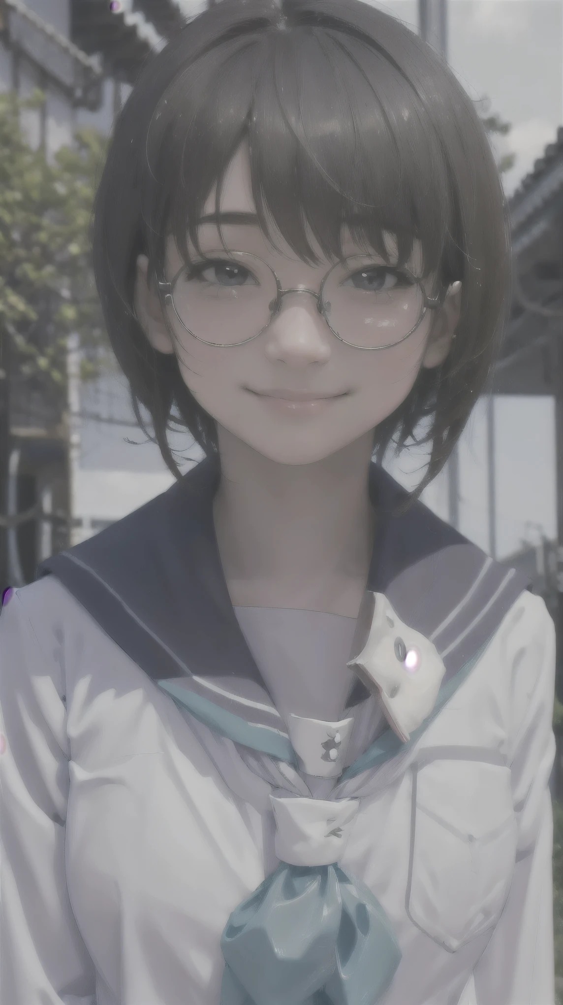 One girl、uniform、scenery、Glasses、A kind smile、Beautiful girl、Close-up of face、Highest quality、Masterpiece、Upper Body、solo