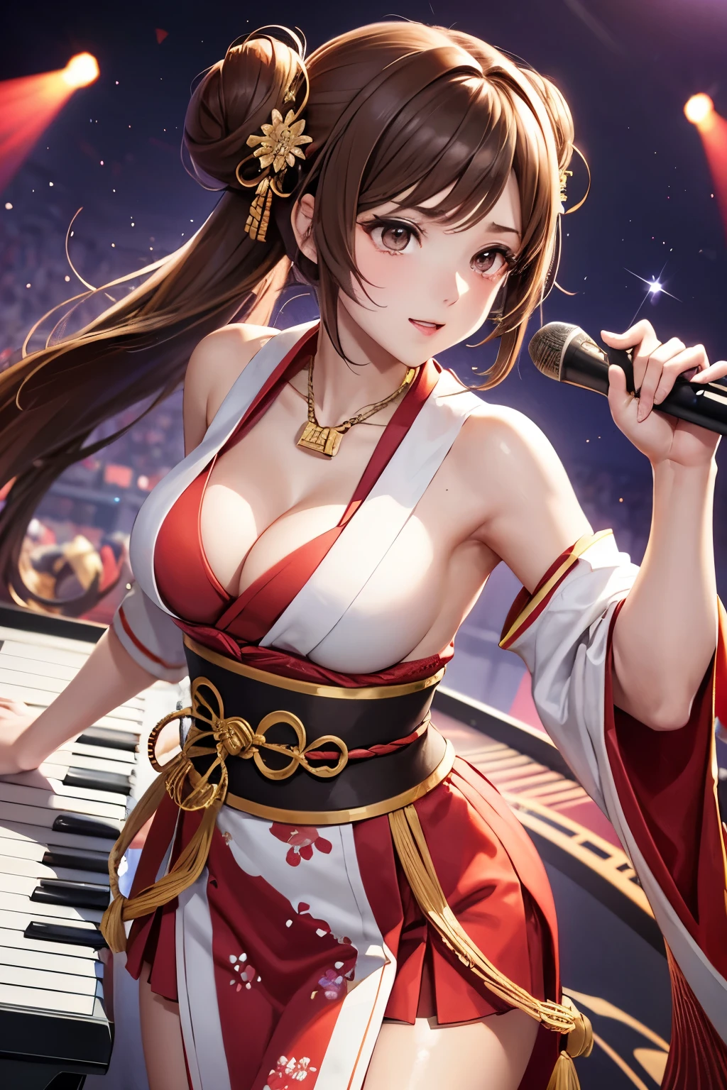 Top quality, ample limbs, perfect fingers, slender beauty, twin-tailed bun hairstyle, brown hair, Deresute, A costume of haori and hakama with a flashy pattern,Band instrumentskeyboard, beautiful large breasts, live stage, Playing Band InstrumentsKeyboard