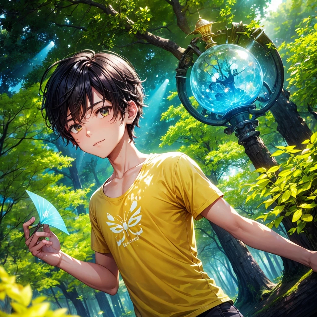 a male in a yellow forest, wearing a summer t-shirt, bug effect,glowing highlights,fantasy,magical,surreal,colorful, front potrait, medium shot