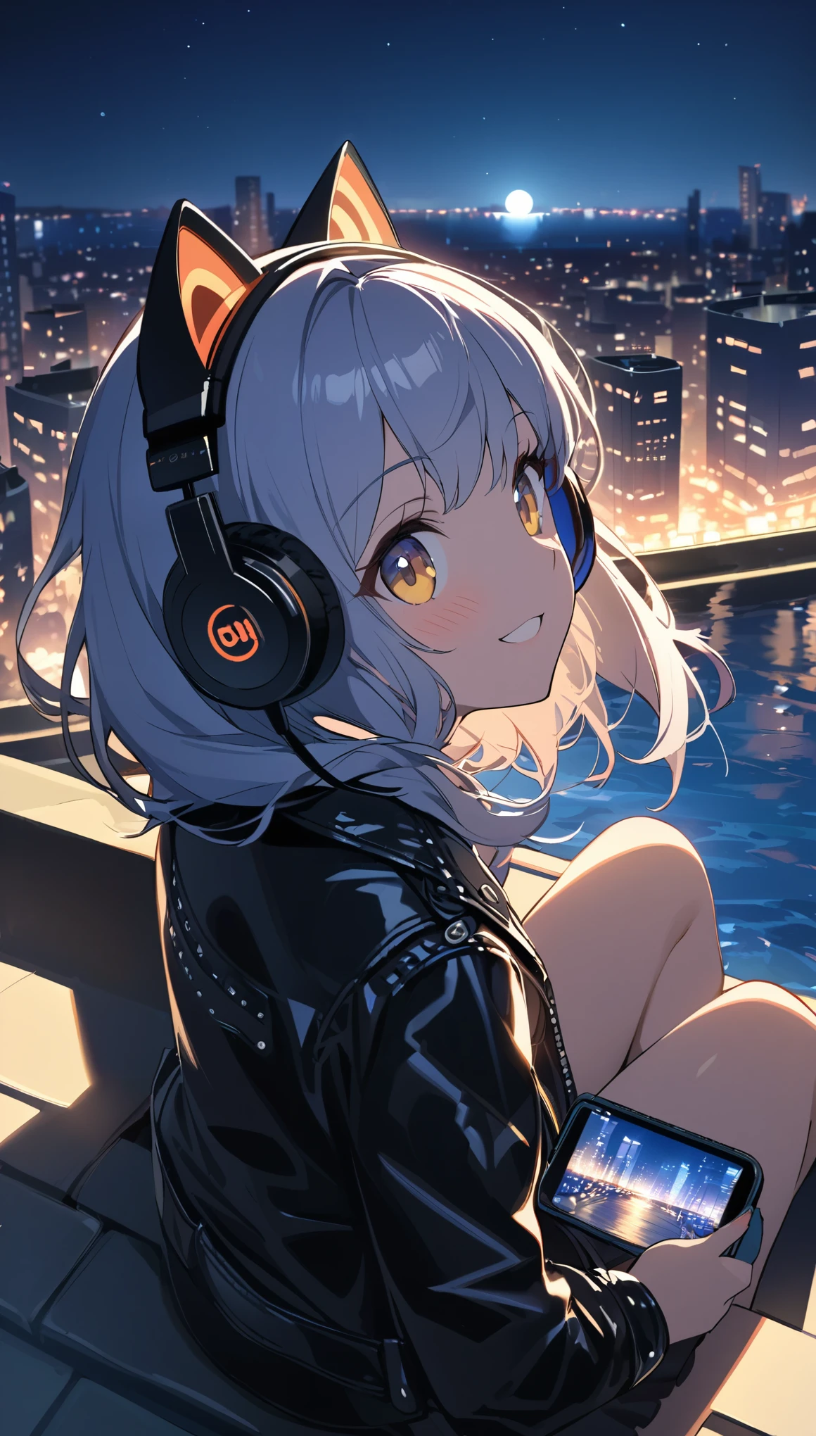A girl, cat ears, wearing headphones and a leather jacket, is sitting on the edge of a rooftop at night. The city lights are shining behind her, and the moon is reflected on the sea. She is smiling and enjoying the music, unaware of the camera that is capturing this moment.