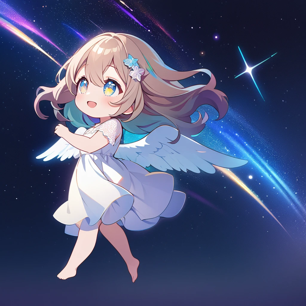 Masterpiece, top quality, 4k, ((2D illustration)), one beautiful girl, solo, ((vivid colors)), (((chibi style))), ((angel)), ((angel wings on her back)), ((long beautiful hair)), glossy light brown hair, gradient hair color, cute, beautiful detailed eyes, hair between eyes, ((hair ornament)), ((lacy short sleeve white dress)), barefoot, ((full body shot)), ((joyful smile)), ((looking up at the night sky)), ((floating in the sky)), cool colors, ((shooting stars)), ((night)), (((lens flare))), white light, ((starry sky)), sparkle