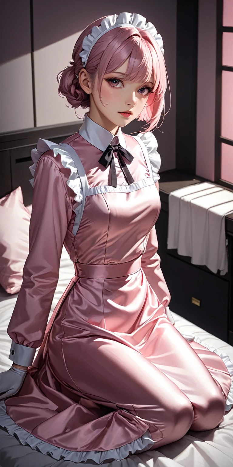 Portraiture、(masterpiece,Highest quality,Ultra-high resolution),Japanese women, Bob Hair、(((Very beautiful 25 year old girl)))、(She is wearing a shiny light pink satin long sleeve maid outfit..)、The dress has a simple design without any patterns...、(((Pale pink satin long skirt)))、Pale pink satin gloves、((Pale pink satin bodysuit))、Sitting on a bed in a dark room