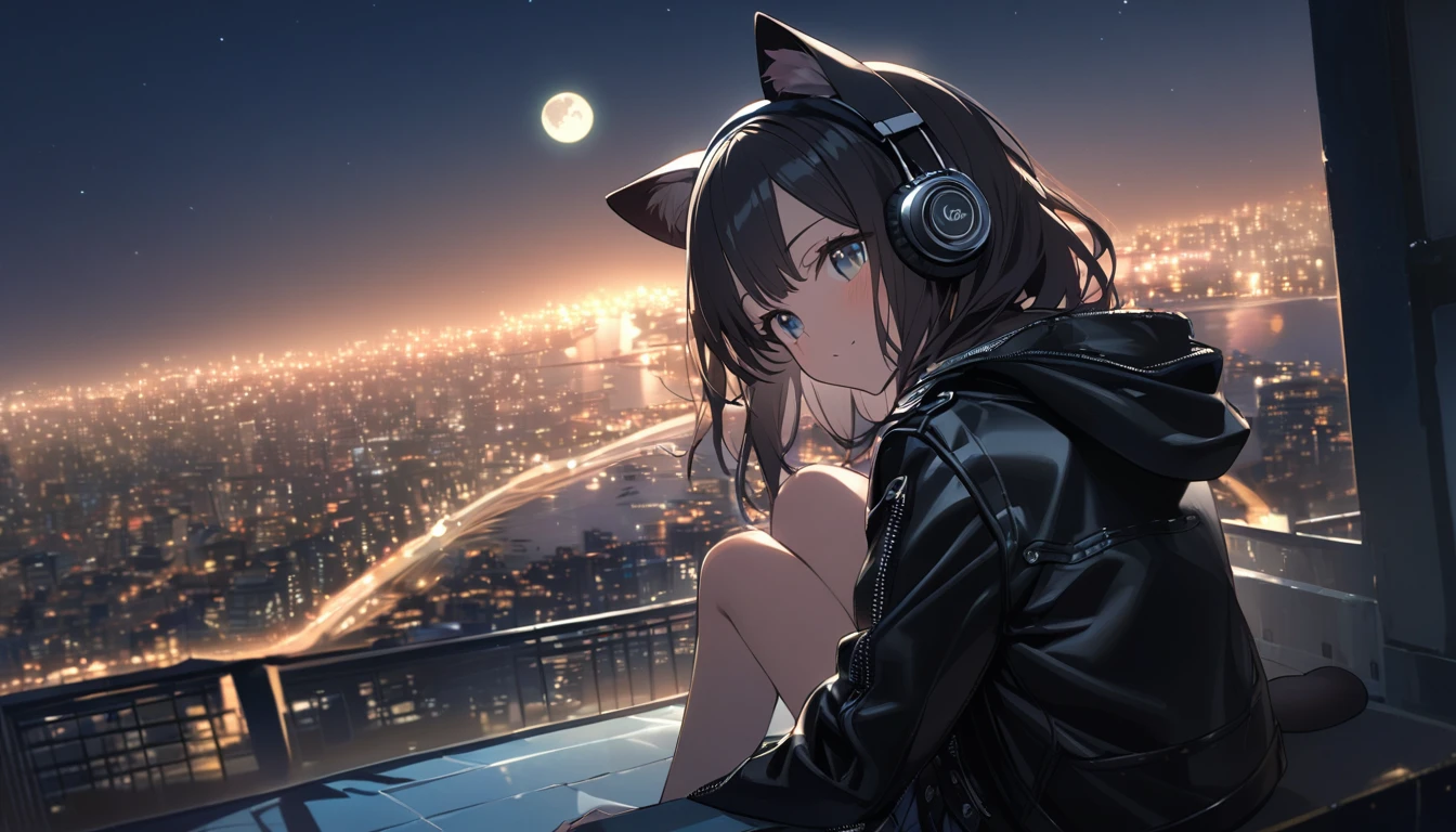 A girl, cat ears, wearing headphones and a leather jacket, is sitting on the edge of a rooftop at night. The city lights are shining behind her, and the moon is reflected on the sea. unaware of the camera that is capturing this moment.