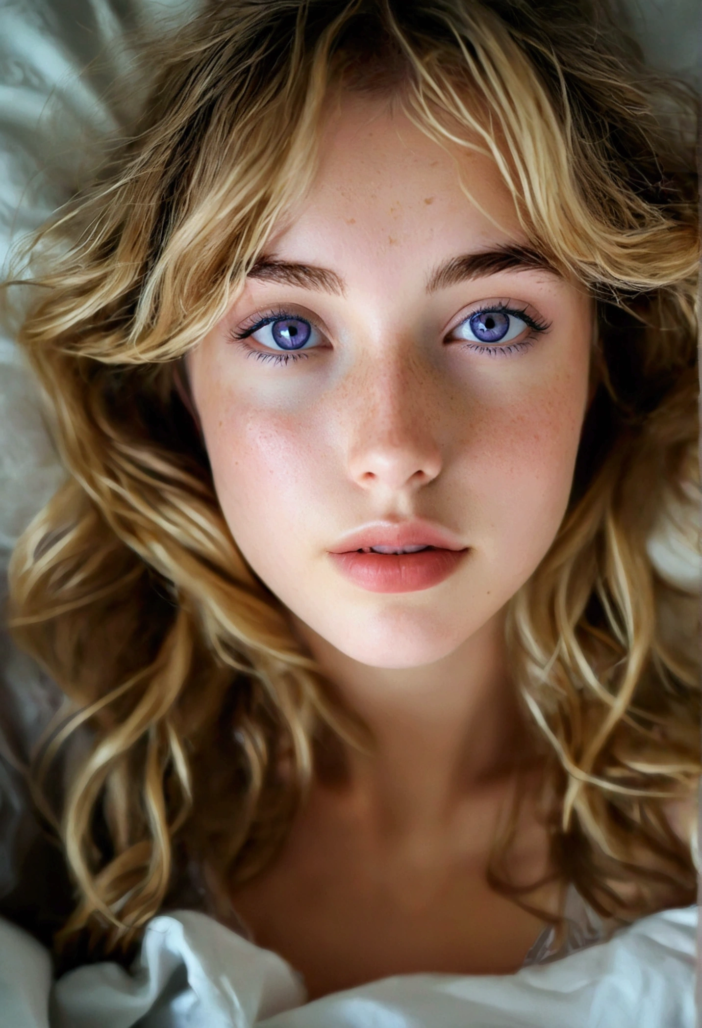 arafed femme pleinement , européenne, fille sexy aux yeux noisettes, ultra réaliste, minutieusement détaillé, Portrait de Sophie Mudd, cheveux blonds et grands yeux, selfie d&#39;une jeune femme, yeux de la chambre, Violette Myers, sans maquillage, Maquillage naturel, regarder directement la caméra, visage avec artgram, maquillage subtil, superbe photo de tout le corps à genoux sur le lit, dans la chambre, buste de grande taille