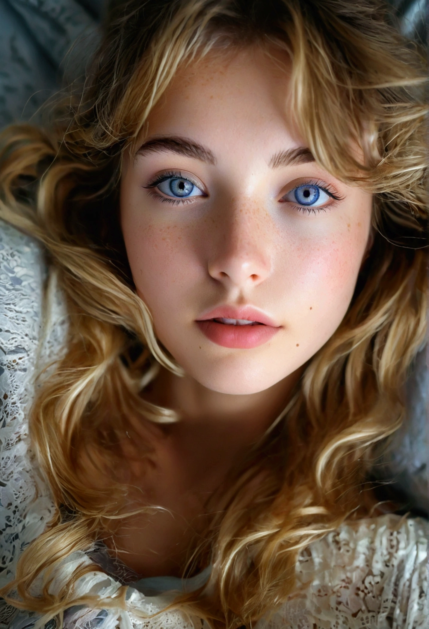 Jolie belle blonde en pyjama sexy faisant un Selfie (in a bed), Selfie, low-cut, very detailed, 14 ans, Visage innocent, naturally wavy hair, blue eye, high resolution, head of&#39;artwork, Meilleur Qulaity, intricate details, very detailed, mise au point nette, detailed skin, texture de peau réaliste, texture, detailed eyes, professionnel, 4K, charming smile, prise avec Canon, 85 millimeters, Slight depth of field, Kodak Vision Color, corps parfaitement ajusté, extremely detailed, Photograph_\(ultra\), Photographréaliste, realistic, Post-traitement, Maximum details, roughness, real life, ultrarealistic, photorealism, photographie, 8k uh, photographie