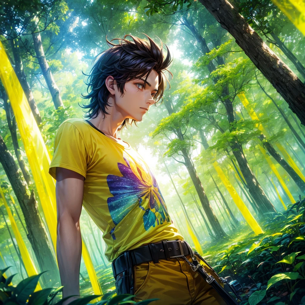a male in a yellow forest, wearing a summer t-shirt, bug effect,glowing highlights,fantasy,magical,surreal,colorful, front potrait, medium shot