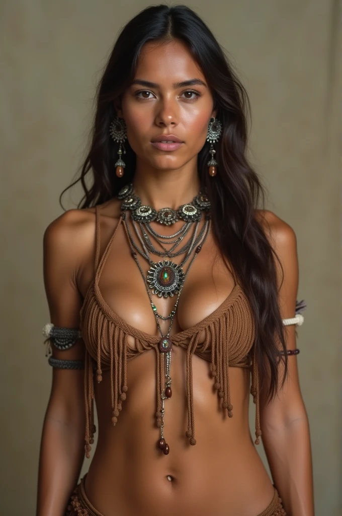 Chukota woman in her 20s wearing old brown bikinis, wearing traditional jewelry, moderate bust, full body photo, detailed face