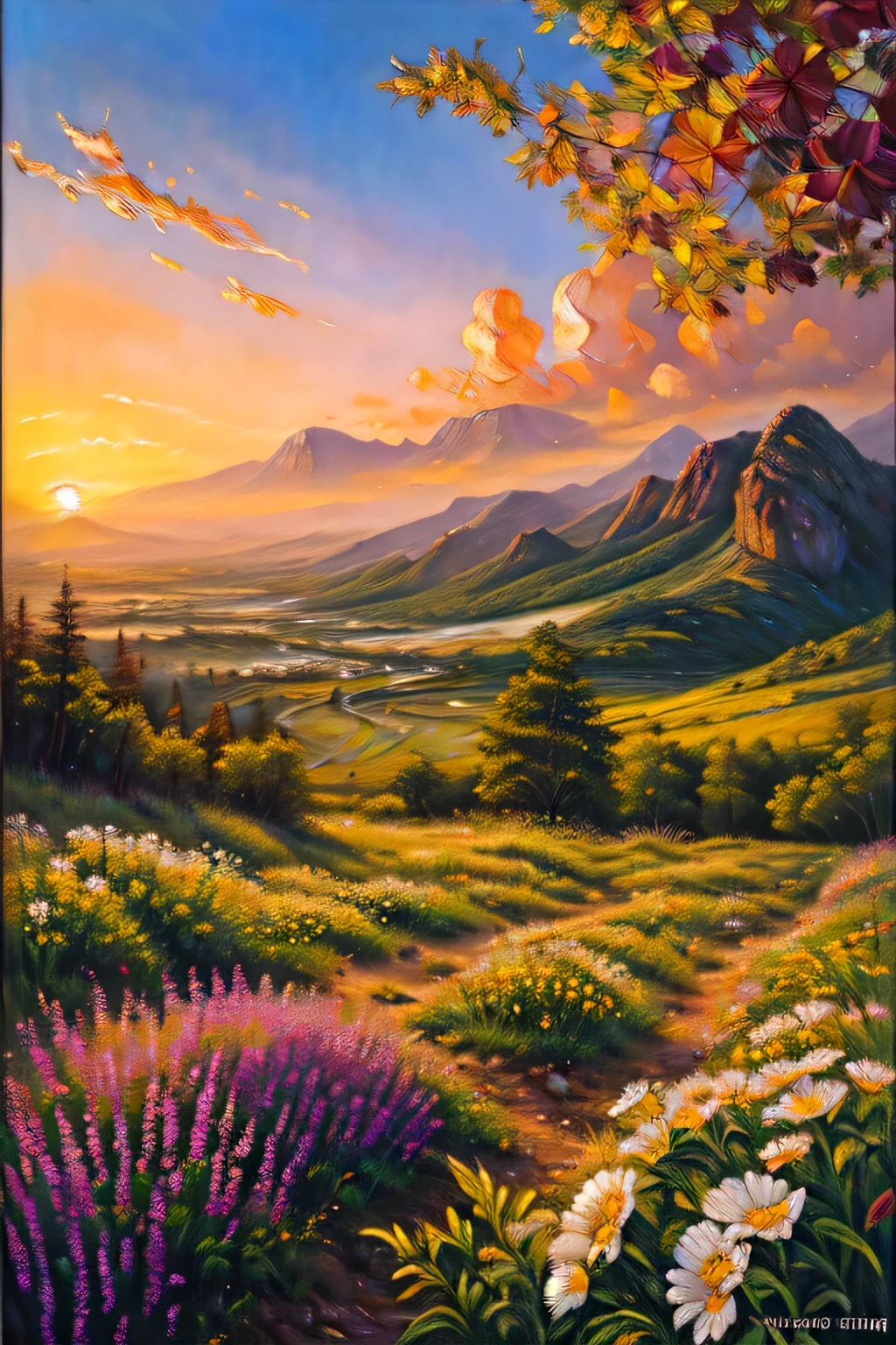 Highest image quality, outstanding details, ultra-high resolution, (oil painting: 1.4), the best illustration, favor details, highly condensed mountain range with sunset in te background, sunlight purple field of depth 