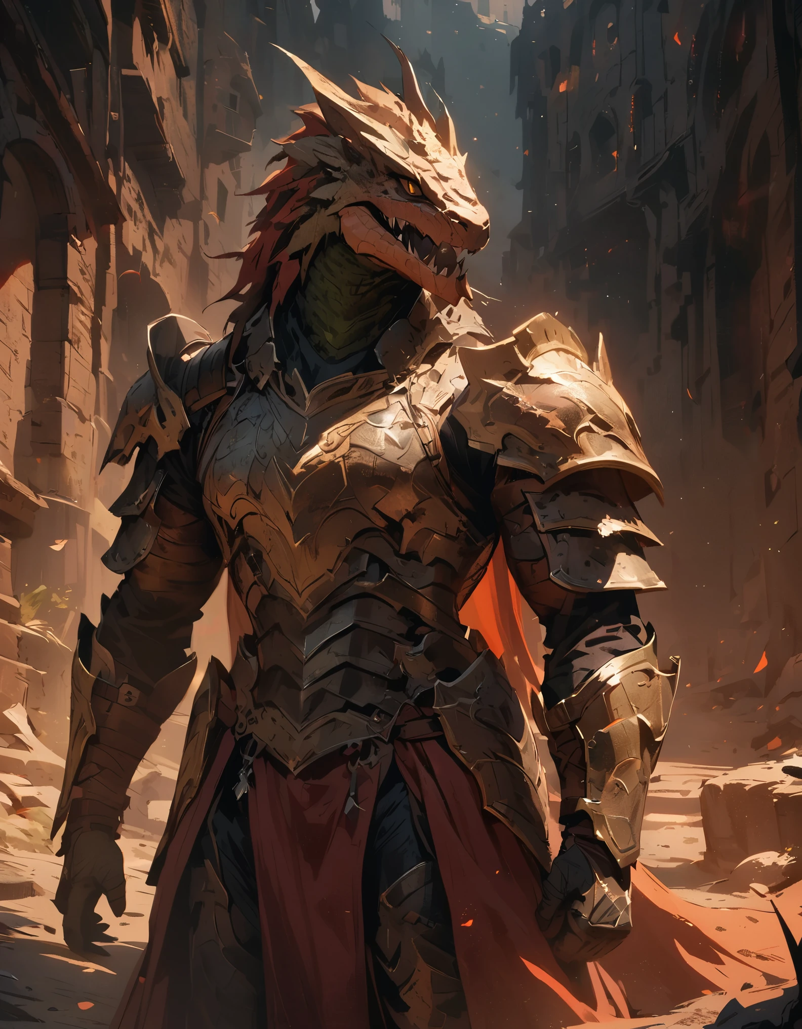 muscular lizardman, Armored Lizardman, Powerful Lizardman, Detailed reptile features, Reptile Eyes, Sharp teeth, Reptile skin texture, Medieval fantasy armor, Intricate Armor Design, Dramatic lighting, Cinematic camera angles, Dark moody color palette, Dramatic hard shadows, Digital Art, Dark fantasy, ((Dark colors, Chiaroscuro)), Dramatic Shadows, Digital Painting, Concept Art, (Highest quality:1.2, 4K, 8k, Very detailed, Attention to detail, masterpiece:1.2, Best aesthetics),