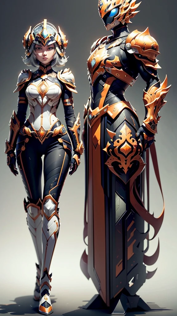 Here is a detailed description of the character in theHere is a detailed description of the character in the image:
### Head:
- **Helmet**: The helmet is predominantly orange with intricate geometric patterns.
- **Faceplate**: The faceplate is white with angular eye openings Here is a detailed description of the character in the image:
### Head:
- **Helmet**: The helmet is predominantly orange with intricate geometric patterns.
- **Faceplate**: The faceplate is white with angular eye openings that are filled with yellow mesh, giving it a mechanical, insect-like appearance.
- **Horn/crest**: The top of the helmet features a pronounced orange crest that extends upwards.
### torso:
- **Chest armor**: The chest is covered in segmented armor, with the right side being orange and the left side white. The armor has geometric designs and a high-tech look.
- **belt**: A black belt with a central blue and orange device, possibly a transformation or activation mechanism.
- **Shoulder pads**: Asymmetrical shoulder pads, with the right one being larger and orange, while the left is smaller and white.
### Arms:
- **Right arm**: Orange armor with black geometric patterns.
- **Left arm**: White armor with similar patterns but more subdued.
- **Gloves**: Both hands are covered in white gloves with mechanical detailing.
### Legs:
- **Right leg**: Orange armor with black geometric designs, mirroring the right arm.
- **Left leg**: White armor, matching the left arm in color and pattern.
### Overall Appearance:
- **Color Scheme**: A striking asymmetrical design with a mix of orange, white, and black, creating a visually dynamic and high-tech look.
- **Style**: The character's overall design is sleek and modern, with a strong emphasis on geometric patterns and a high-tech, futuristic aesthetic.
Textured skin, Super Detail, Attention to detail, high quality, 最high quality, High resolution, 1080P, hard disk, Gorgeous beauty,(Kamen Rider),(Female rider),Bodysuits,Combat Suit,Transformation Belt,BATTLE MODE,Metal,Transform into Kamen Rider,Full Face Helmets,
One girl, solo, Simple Background, Large Breasts, Large Breasts,