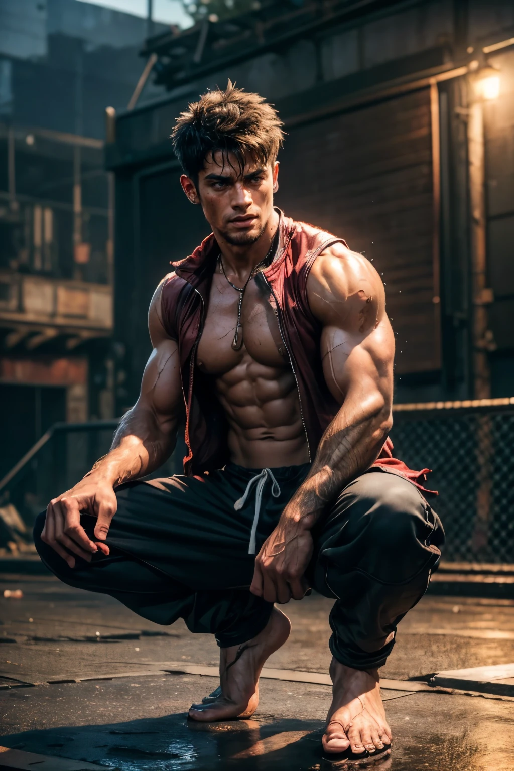 a wounded young hot barefoot muscular street fighter, ruddy himbo wild guy, full height, hot libido of south European nationality, in an old worn dirty sleeveless black Adidas tracksuit. Muscle flexing on an open air abandoned basketball playground in rainy day. Muscle flexing pose. Direct look. Unbuttoned dark red Adidas sports jacket with torn sleeves, rolled up ragged old worn sweatpants, boner in pants, trained sweaty abs, brown eyes, very short dark brown male sweat disheveled hair, dirty bare feet, bare heels, hot smile, bloody gunshot wounds of knees. Veins on the abs. (best quality,4k,8k,highres,masterpiece:1.2),ultra-detailed,(realistic,photorealistic,photo-realistic:),HDR,UHD,studio lighting,ultra-fine painting,sharp focus,physically-based rendering,extreme detail description,professional,vivid colors,bokeh,portraits,gritty. Evening, sunset