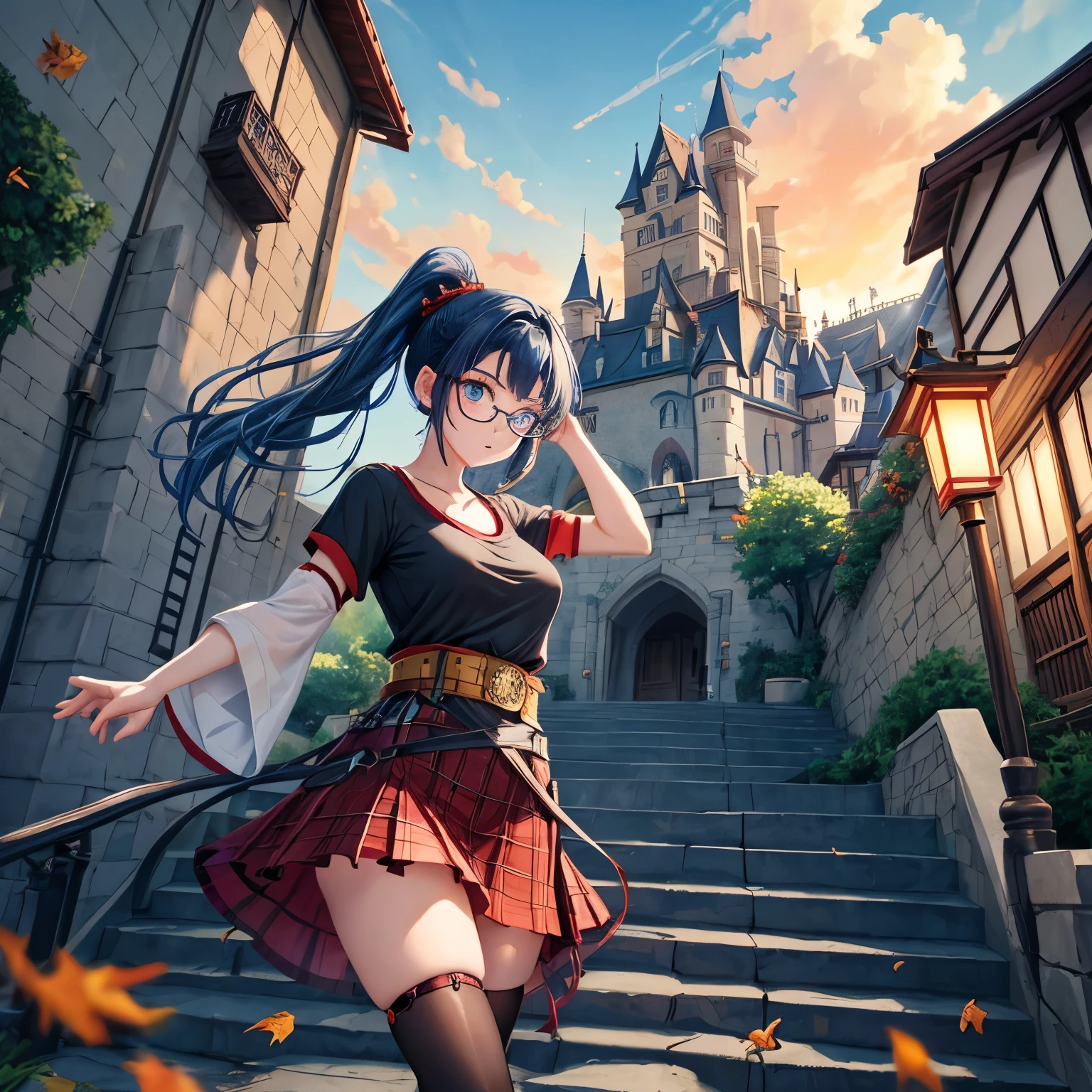 A beautiful young woman with red-brown hair, blue hair, blue eyes, ponytail, braids, a lovely girl, alone, Japanese anime style, plaid miniskirt, camisole, black t-shirt, tilting her face, making ribbons, waist belt, sunset sky, stone staircase, tunnel, fallen leaves, wearing glasses, light and shadow, maze, monster castle, lantern, corridor, one leg raised, windmill, castle floating in the air, 7 cylinders, jewelry box