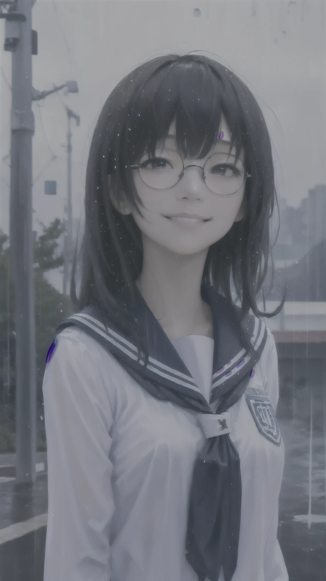 One girl、uniform、scenery、Glasses、A kind smile、Beautiful girl、Close-up of face、Highest quality、Masterpiece、Upper Body、solo、Look Up、rain