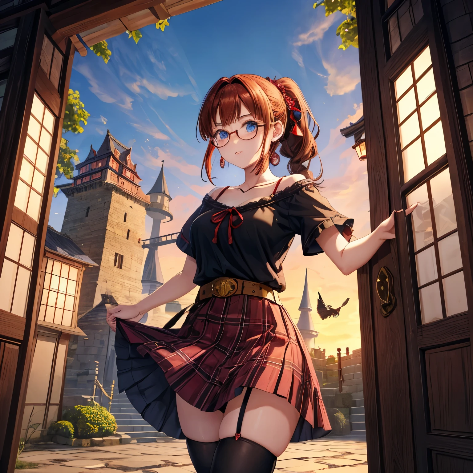 A beautiful young woman with red-brown hair, blue hair, blue eyes, ponytail, braids, a lovely girl, alone, Japanese anime style, plaid miniskirt, camisole, black t-shirt, tilting her face, making ribbons, waist belt, sunset sky, stone staircase, tunnel, fallen leaves, wearing glasses, light and shadow, maze, monster castle, lantern, corridor, one leg raised, windmill, castle floating in the air, 7 cylinders, jewelry box