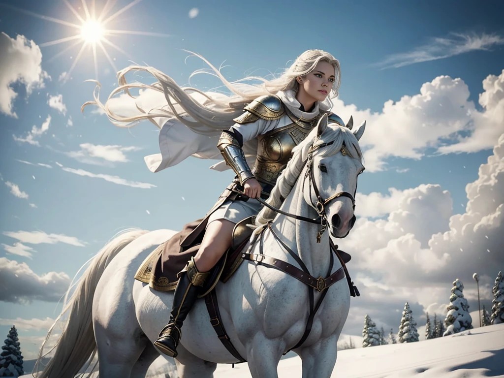 The Valkyrie sits on a snow-white horse, gracefully guiding it forward. Her face is beautiful and majestic, with delicate features and a piercing gaze. Her long snow-white hair flutters in the wind, emphasizing her divine nature. Her golden armor sparkles in the sun, emphasizing her strength and status. She leads an army, determined to follow their leader, For everyone knows that where she is, there is victory, and the enemies will be defeated. Behind her, menacing clouds are visible, foreshadowing a quick battle, But the warriors will not falter, led by the courage and wisdom of their Valkyrie.