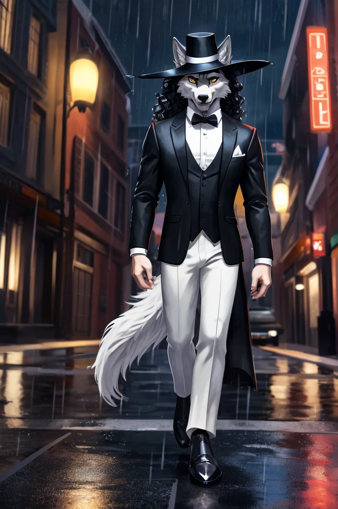 furry, anthro, wolf, wolf ears, fluffy wolf tail, (grey and white fur), long black curly hair, messy fur, neck floof, sharp yellow eyes, razor sharp teeth, slim body, handsome, sexy, hourglass body, wearing a black cartwheel hat, pinstripe suit and black dress shoes, mobster, walking, 1930's american town background, midnight, raining, ((best quality, 4K, UHD, masterpiece, digitigrade stance)), alone,