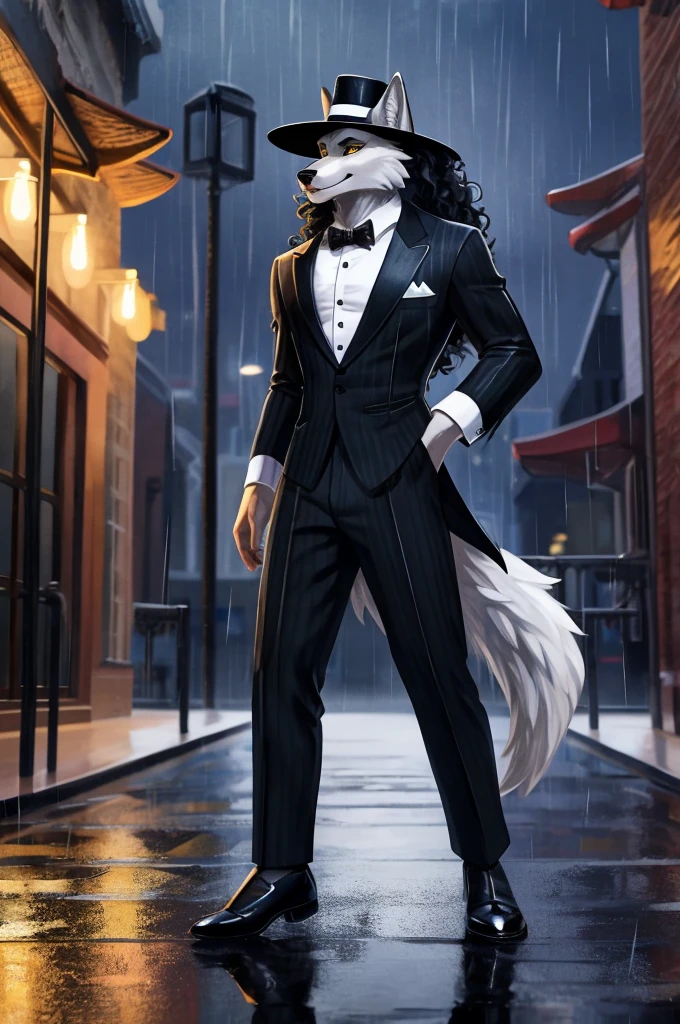 furry, anthro, wolf, wolf ears, fluffy wolf tail, (grey and white fur), long black curly hair, messy fur, neck floof, sharp yellow eyes, razor sharp teeth, slim body, handsome, sexy, hourglass body, wearing a black cartwheel hat, pinstripe suit and black dress shoes, mobster, walking, 1930's american town background, midnight, raining, ((best quality, 4K, UHD, masterpiece, digitigrade stance)), alone,