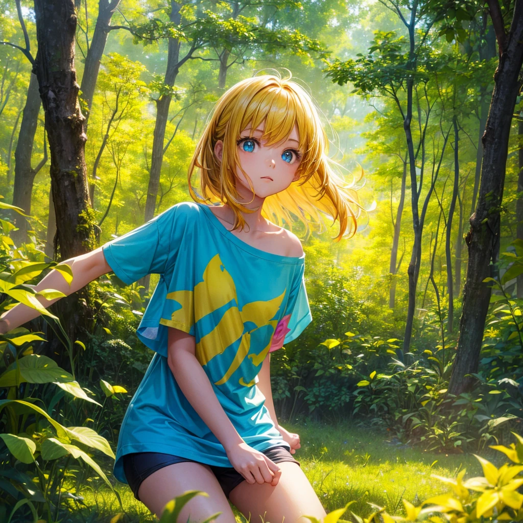 a girl in a yellow forest, wearing a summer t-shirt, bug effect,glowing highlights,fantasy,magical,surreal,colorful, front potrait, medium shot