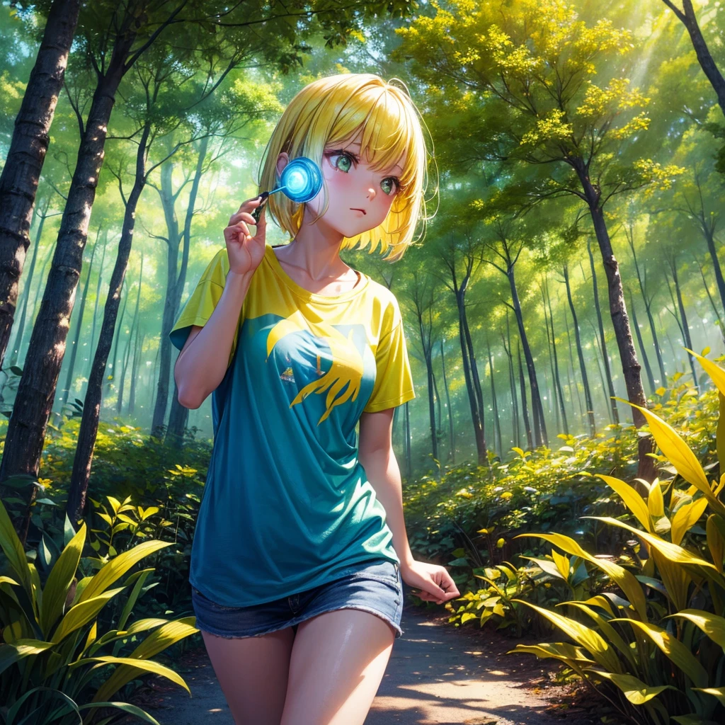 a girl in a yellow forest, wearing a summer t-shirt, bug effect,glowing highlights,fantasy,magical,surreal,colorful, front potrait, medium shot