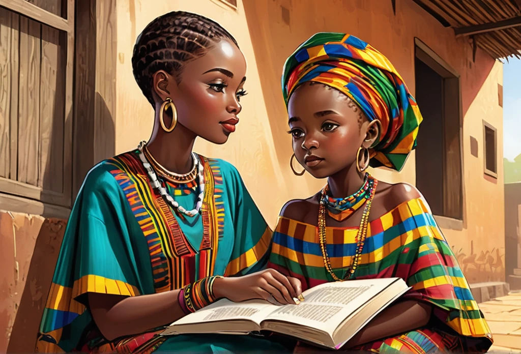  30 years old black lady, wearing a kente outfit standing and talking to her son, a boy of 12 years old reading a book
 (masterpiece best quality:1.2) delicate illustration ultra-detailed, illustrations, bright, colourful, 