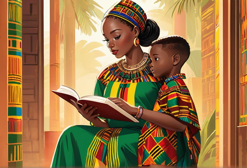 30 years old black lady, wearing a kente outfit standing and talking to her son, a boy of reading a book
(masterpiece best quality:1.2) delicate illustration ultra-detailed, illustrations, bright, colourful,