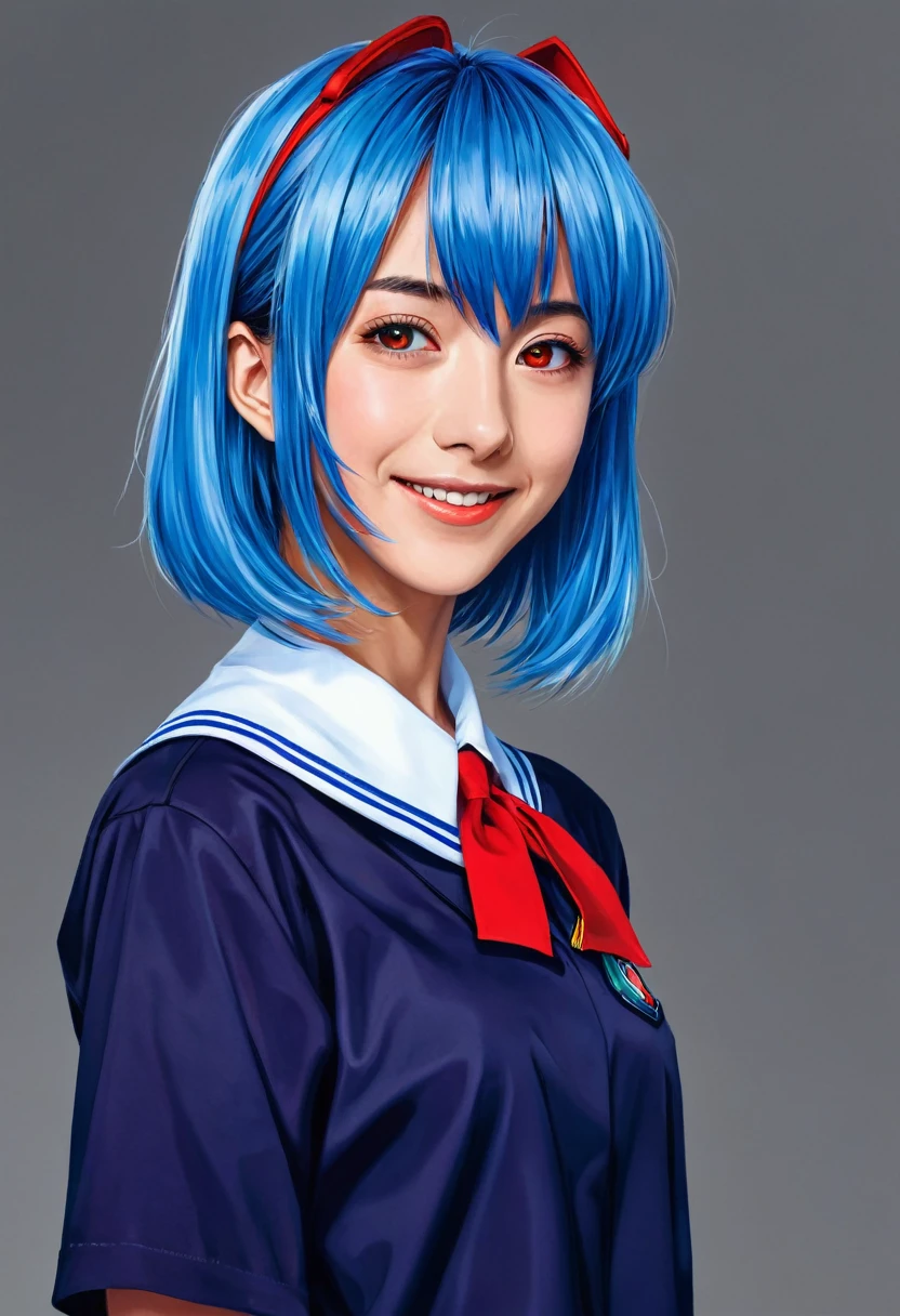 obra-prima portrayed by smiling Rei Ayanami (evangelion), evangelion (Hideaki), caustics, high resolution illustration, Eyes red, Female One, no pupils, hair blue,  shorth hair, japanese school uniform, moccasins, swpunk, synthetic wave, paint sneezings, flat shaded illustration, digitl art, trends on ArtStation, highy detailed, fine-details, intrikate, sneezing, to escape, vaporware, neon colors