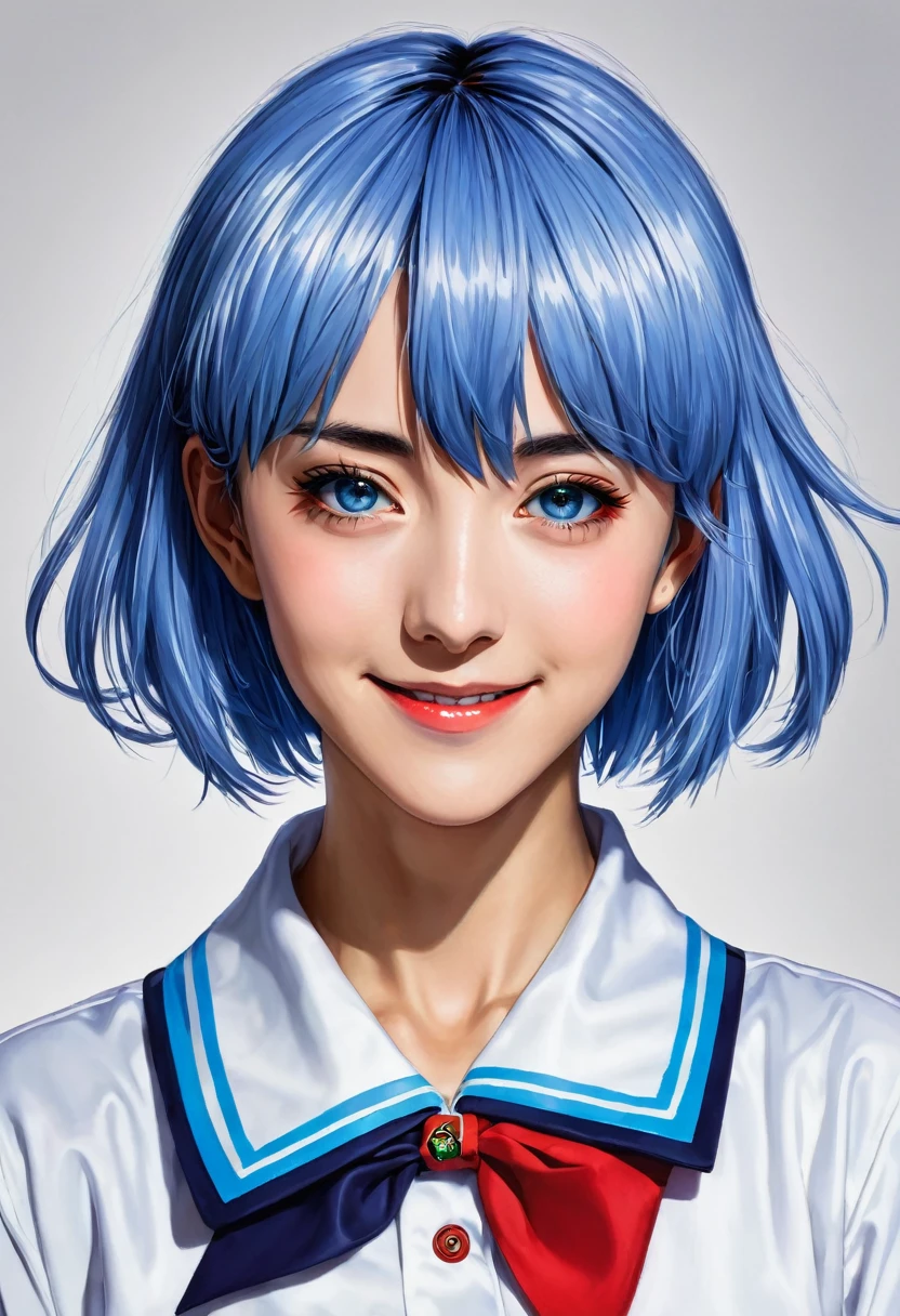 obra-prima portrayed by smiling Rei Ayanami (evangelion), evangelion (Hideaki), caustics, high resolution illustration, Eyes red, Female One, no pupils, hair blue, shorth hair, japanese school uniform, moccasins, swpunk, synthetic wave, paint sneezings, flat shaded illustration, digitl art, trends on ArtStation, highy detailed, fine-details, intrikate, sneezing, to escape, vaporware, neon colors
