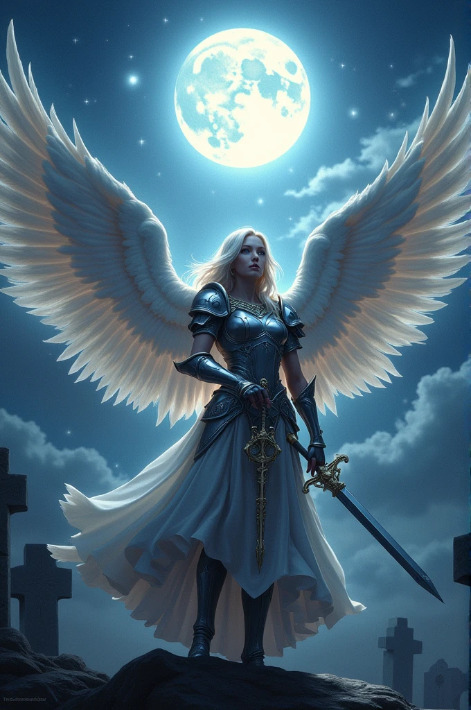 an epic fantasy art portrait of aasimar, female, paladin ready for battle under the full moon, holy warrior, spread large feathered wings, majestic wings, white angelic wings spread (Masterpiece, intense details: 1.5), moon light, moon, stars, clouds, holy symbol, armed with a divine sword, wearing holy armor, dynamic hair color, dynamic hair style, dynamic skin complexion, dark fantasy cemetery background, anatomically correct (Masterpiece 1.3, intense details), angel_wings, determined face, god rays, cinematic lighting, glowing light, silhouette, from outside, photorealism, panoramic view (Masterpiece 1.3, intense details) , Wide-Angle, Ultra-Wide Angle, 16k, highres, best quality, high details, 16K, ultra detailed, masterpiece, best quality, (extremely detailed), arafed, dnd art, portrait, full body,