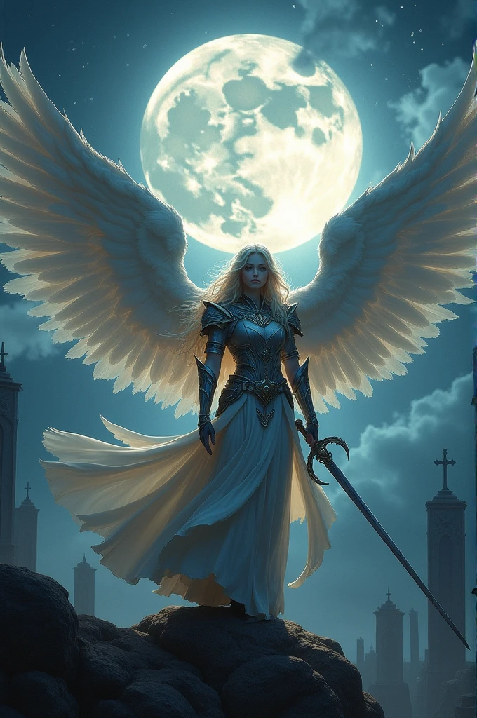 an epic fantasy art portrait of aasimar, female, paladin ready for battle under the full moon, holy warrior, spread large feathered wings, majestic wings, white angelic wings spread (Masterpiece, intense details: 1.5), moon light, moon, stars, clouds, holy symbol, armed with a divine sword, wearing holy armor, dynamic hair color, dynamic hair style, dynamic skin complexion, dark fantasy cemetery background, anatomically correct (Masterpiece 1.3, intense details), angel_wings, determined face, god rays, cinematic lighting, glowing light, silhouette, from outside, photorealism, panoramic view (Masterpiece 1.3, intense details) , Wide-Angle, Ultra-Wide Angle, 16k, highres, best quality, high details, 16K, ultra detailed, masterpiece, best quality, (extremely detailed), arafed, dnd art, portrait, full body,
