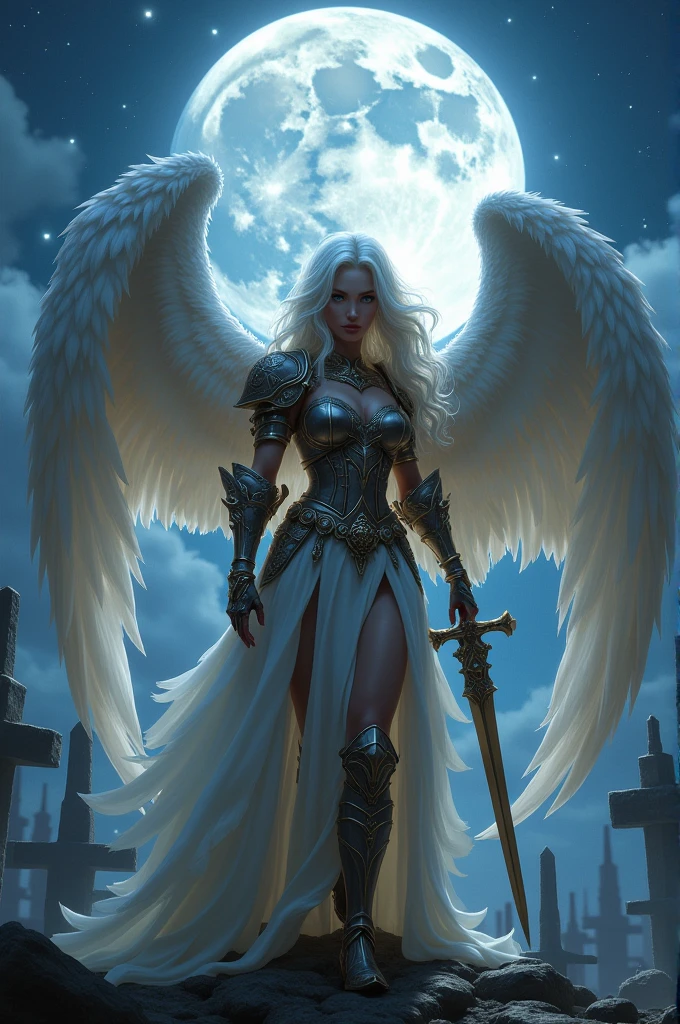 an epic fantasy art portrait of aasimar, female, paladin ready for battle under the full moon, holy warrior, spread large feathered wings, majestic wings, white angelic wings spread (Masterpiece, intense details: 1.5), moon light, moon, stars, clouds, holy symbol, armed with a divine sword, wearing holy armor, dynamic hair color, dynamic hair style, dynamic skin complexion, dark fantasy cemetery background, anatomically correct (Masterpiece 1.3, intense details), angel_wings, determined face, god rays, cinematic lighting, glowing light, silhouette, from outside, photorealism, panoramic view (Masterpiece 1.3, intense details) , Wide-Angle, Ultra-Wide Angle, 16k, highres, best quality, high details, 16K, ultra detailed, masterpiece, best quality, (extremely detailed), arafed, dnd art, portrait, full body,