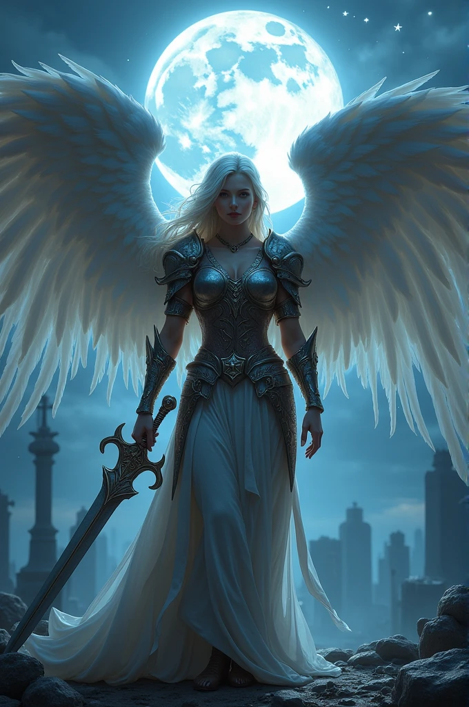an epic fantasy art of aasimar, female, paladin ready for battle under the full moon, holy warrior, spread large feathered wings, (wings sprouting from the back: 1.3), majestic wings, white angelic wings spread (Masterpiece, intense details: 1.5), moon light, moon, stars, clouds, holy symbol, armed with a divine sword, wearing holy armor, dynamic hair color, dynamic hair style, dynamic skin complexion, dark fantasy cemetery background, anatomically correct (Masterpiece 1.3, intense details), angel_wings, determined face, god rays, cinematic lighting, glowing light, silhouette, from outside, photorealism, panoramic view (Masterpiece 1.3, intense details) , Wide-Angle, Ultra-Wide Angle, 16k, highres, best quality, high details, 16K, ultra detailed, masterpiece, best quality, (extremely detailed), arafed, dnd art, portrait, full body,