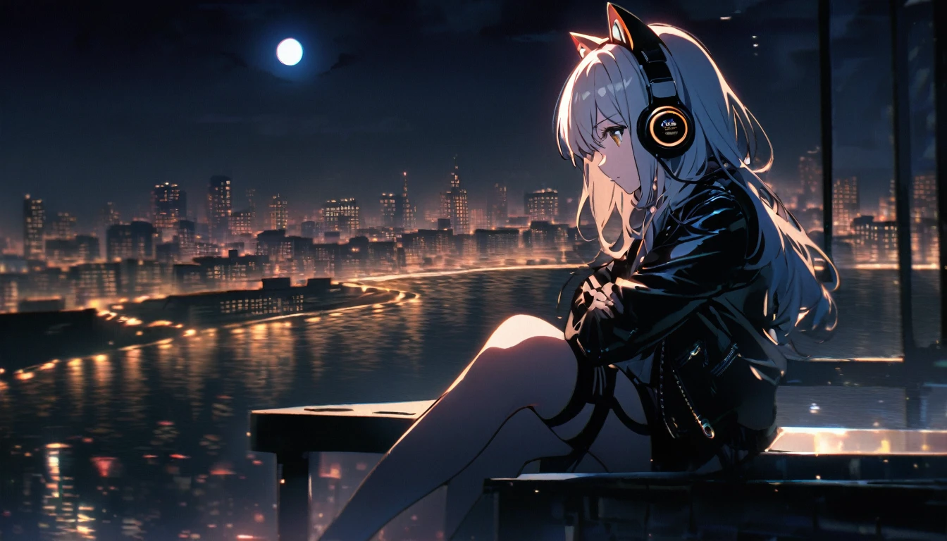 A girl, cat ears, wearing headphones and a leather jacket, is sitting on the edge of a rooftop at night. The city lights are shining behind her, and the moon is reflected on the sea. unaware of the camera that is capturing this moment.