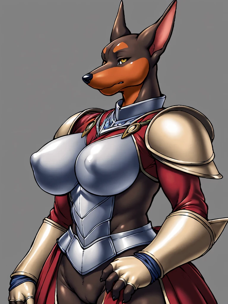 ((dog)), furry female anthro,HD,sharp,beautiful and detailed,woman ((anthro)),1girl,Milf, mature woman,(look at viewer) ,(perfect eyes),(doberman),sad,brown skin,dark skin,by dr comet,by pochincoff, by jlullaby,by kingbang,by obui,by ZeroQrisu,by sparrow,by gmeen,yellow eyes,standing,knight outfit,armor,old scool fantasy art,((simple background)),(gray background),