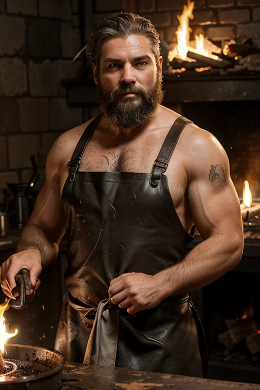 I want a very masculine man, stocky 40 years old, with beard and silver hair, forging in a forge, being very hot and stained with soot, with a leather apron, forging something brilliant and valuable