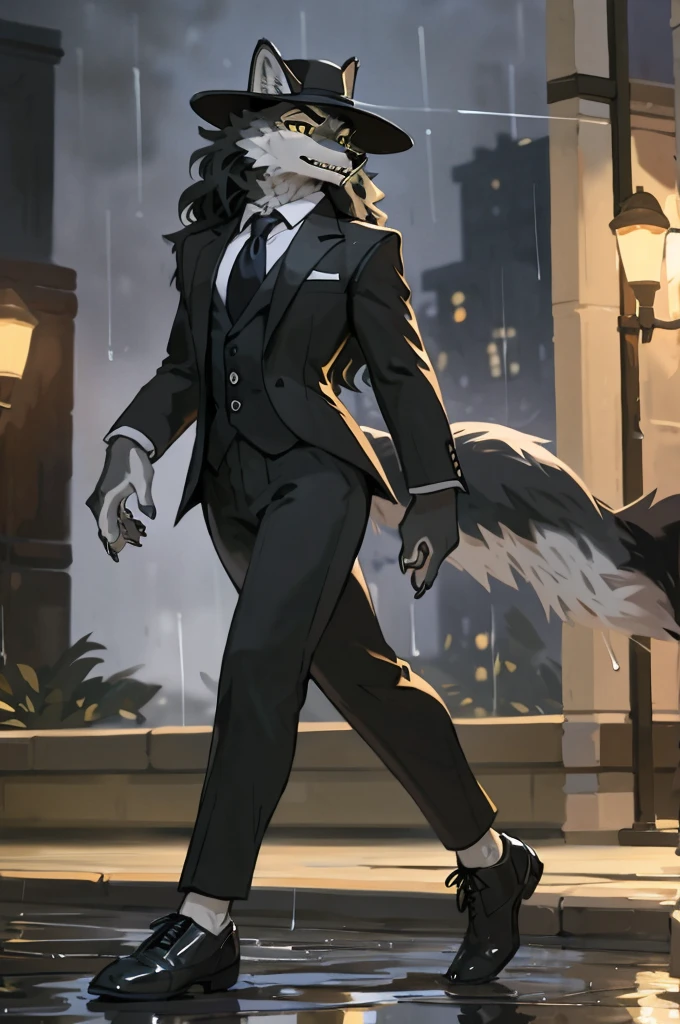 furry, anthro, wolf, wolf ears, fluffy wolf tail, (grey and white fur), long black curly hair, messy fur, neck floof, sharp yellow eyes, razor sharp teeth, slim body, handsome, sexy, hourglass body, wearing a black wide brimmed hat, pinstripe suit and black dress shoes, mobster, walking, 1930's american town background, midnight, raining, ((best quality, 4K, UHD, masterpiece,)), alone,