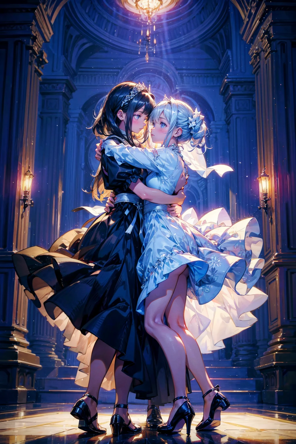 2girls,they wear dress,black girl,white girl,dance,hug,in palace