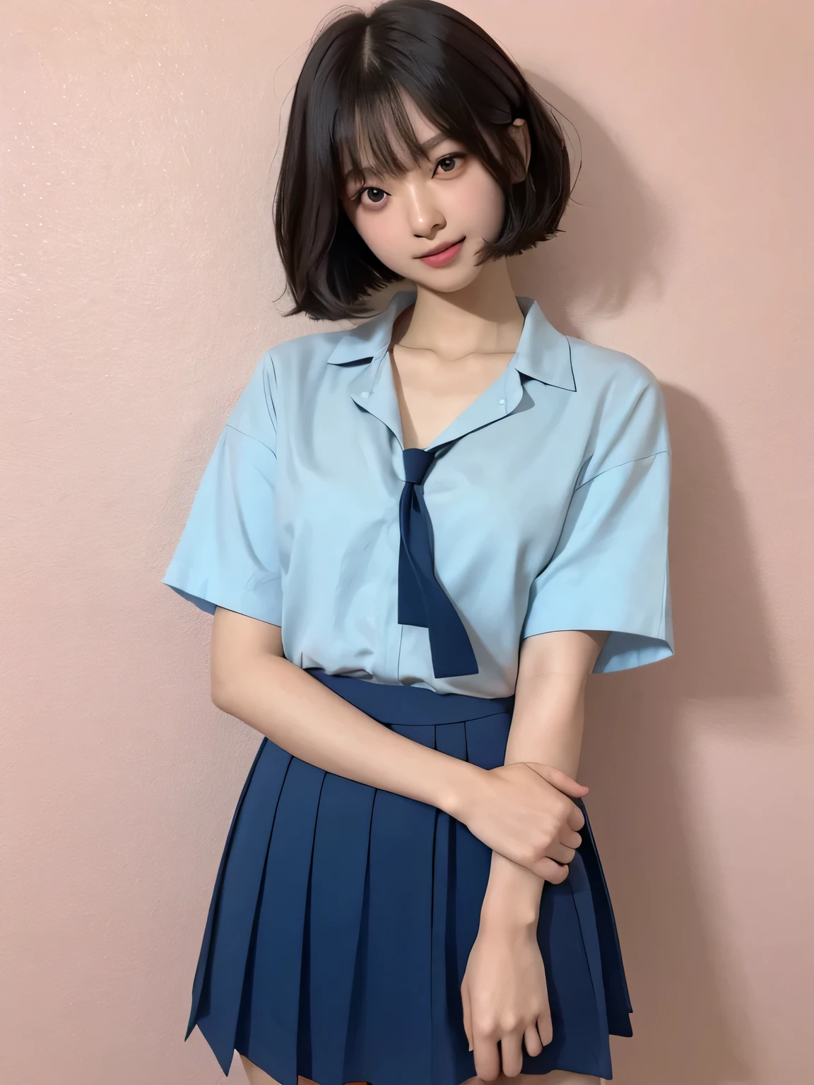 (Highest quality、8k、32K、masterpiece、Hmph:1.2)、Pink Wall、sexy、Age 25、Cute Japan woman photo、ショートBobcut、sexy、thin、slender、(Bobcut)、(Small breasts)、double eyelid、Green open front shirt、Navy blue tie、Red mini skirt、Thighs、Blue Wall、whole body、smile、sexy、Thighsが見える