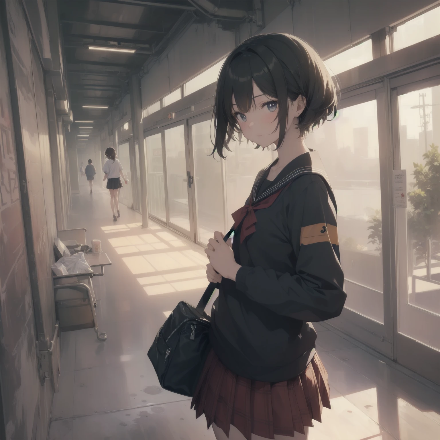 ultra-absurdres-Top quality by artist God, ultra-detailed, high resolution, anime moe artstyle, best anime 8k konachan wallpaper, pixiv contest winner, pool:2810, perfect anatomy,break, 1girl, (Please draw a girl walking sleepily to school alone. )break,(Solo,little female, 13-year-old:1.3),Full limbs, complete fingers,a junior high school student, (very short hair), short cut, flat chest, , small butt, small black eyes, beautiful detailed eyes, well-proportioned iris and pupils, expressive eyes, highres detailed hair, soft expression, salor school_uniform, sailor collar, serahuku, bow, pleated skirt,(Detailed Lighting), (Detailed background), in the School commute route. break,super detailed skin, Best cinematic lighting powered by famous artist, 8k,beauty illustration,photoshop_(medium),very aesthetic,break,((artist:yd_(orange_maru) )), artist:clamp ,artist:carnelian ,artist:kantoku ,
