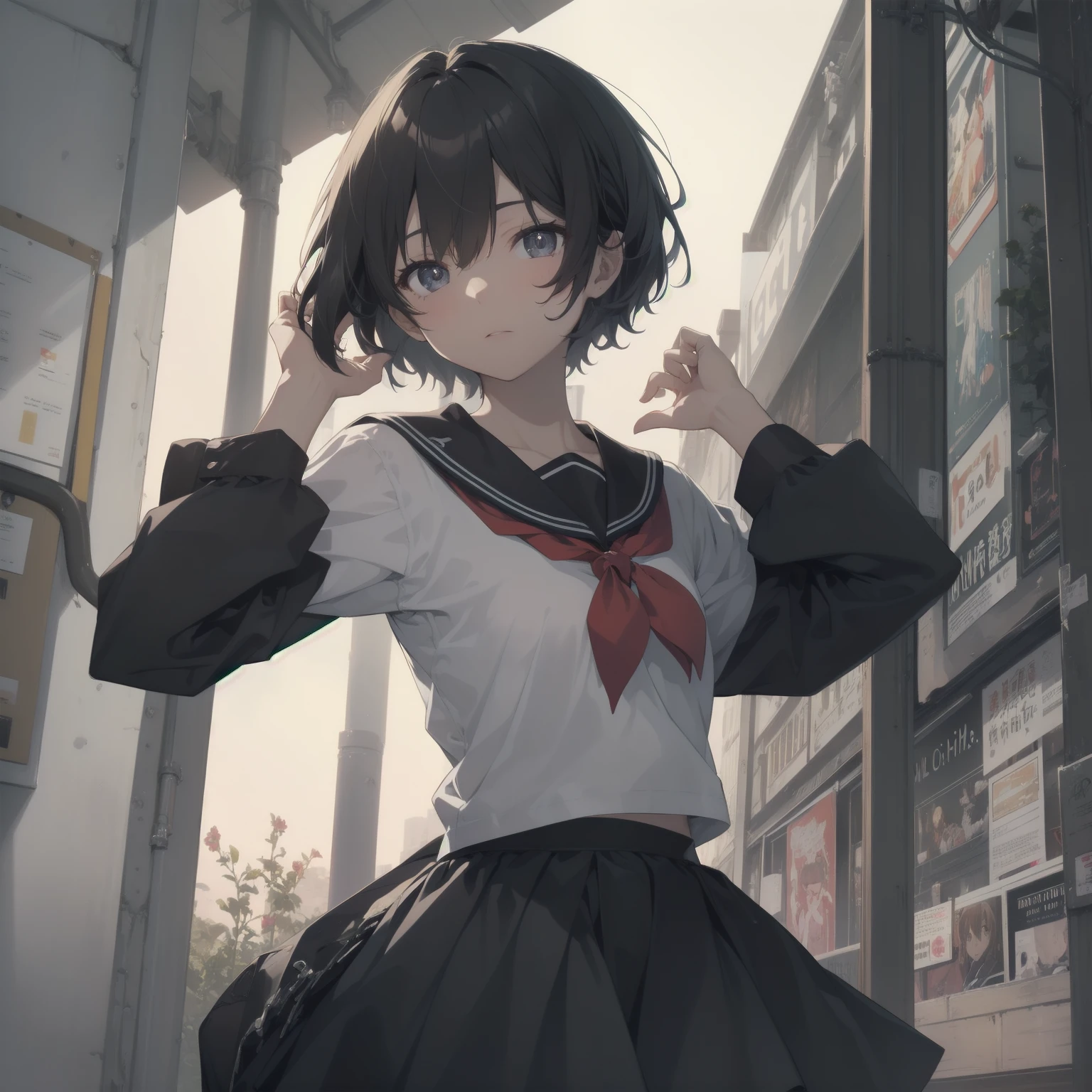 ultra-absurdres-Top quality by artist God, ultra-detailed, high resolution, anime moe artstyle, best anime 8k konachan wallpaper, pixiv contest winner, pool:2810, perfect anatomy,break, 1girl, (Please draw a girl walking sleepily to school alone. )break,(Solo,little female, :1.3),Full limbs, complete fingers,a junior high school student, (very short hair), short cut, flat chest, , small butt, smallck eyes, beautiful detailed eyes, well-proportioned iris and pupils, expressive eyes, highres detailed hair, soft expression, salor school_uniform, sailor collar, serahuku, bow, pleated skirt,(Detailed Lighting), (Detailed background), in the School commute route. break,super detailed skin, Best cinematic lighting powered by famous artist, 8k,beauty illustration,photoshop_(medium),very aesthetic,break,((artist:yd_(orange_maru) )), artist:clamp ,artist:carnelian ,artist:kantoku ,
