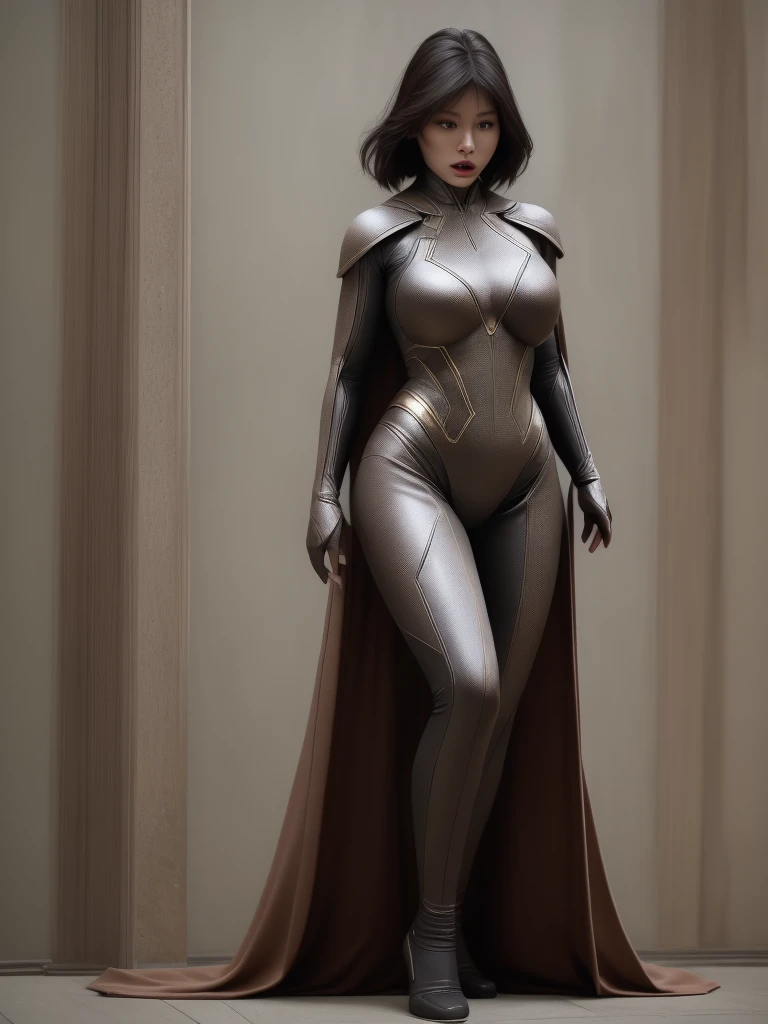Close-up shot of an Asian woman in a superhero costume standing against a cityscape, amouranth who plays a super villain, Super realistic, realistic cosplay, Super realistic, Super giant super realistic, Super hero女孩, Surreal photos, Super hero body, Highly detailed shot of a giantess, Super Girl, Super hero, Super hero portrait, Supermodel, Super hero, Super realistic, Big Breasts, Showing the vulvar muscles, Sexy body,