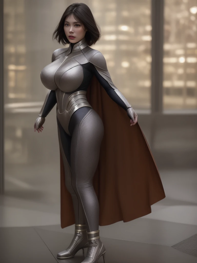 Close-up shot of an Asian woman in a superhero costume standing against a cityscape, amouranth who plays a super villain, Super realistic, realistic cosplay, Super realistic, Super giant super realistic, Super hero女孩, Surreal photos, Super hero body, Highly detailed shot of a giantess, Super Girl, Super hero, Super hero portrait, Supermodel, Super hero, Super realistic, Big Breasts, Showing the vulvar muscles, Sexy body,