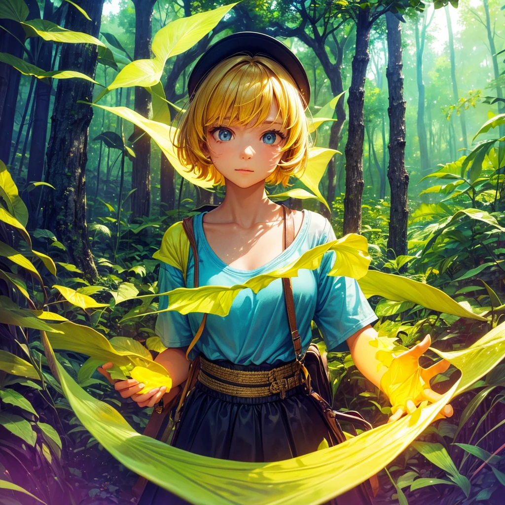 a girl in a yellow forest, wearing a summer t-shirt, bug effect,glowing highlights,fantasy,magical,surreal,colorful, front potrait, medium shot