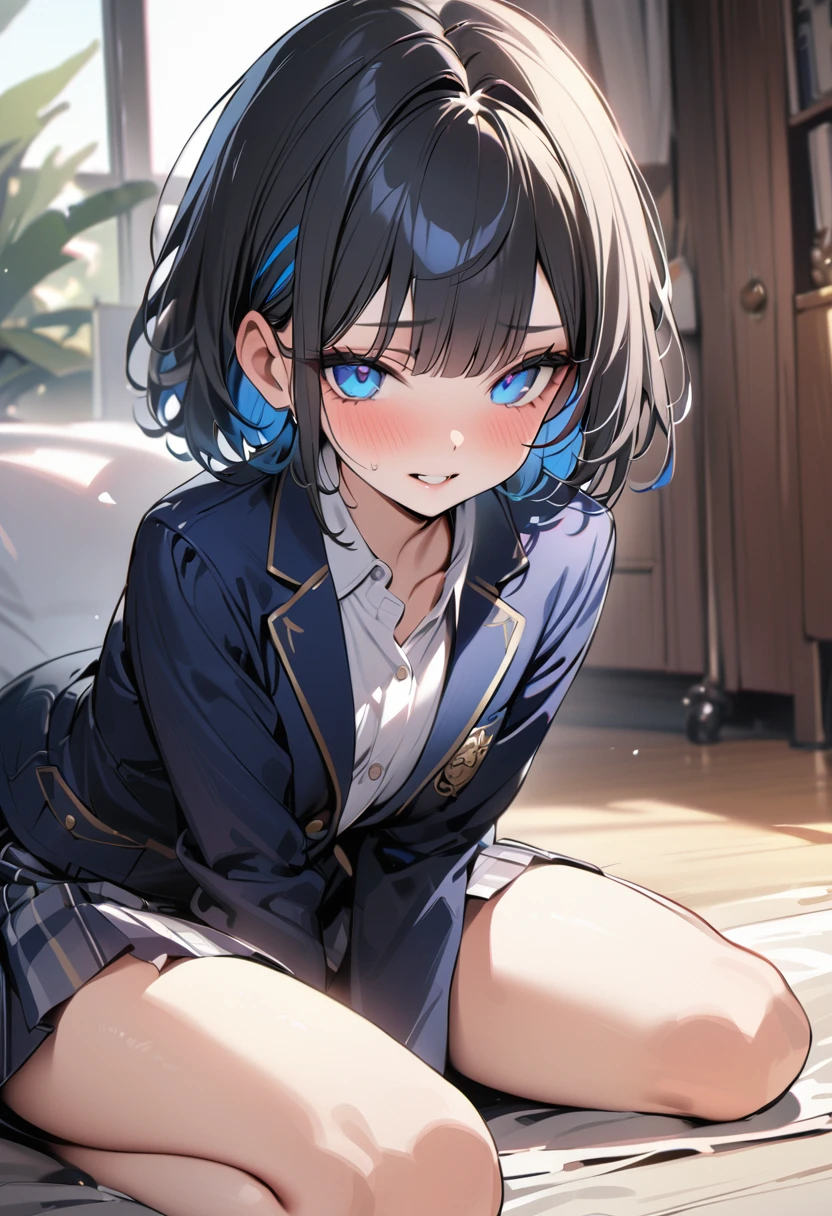 (masterpiece, best quality:1.5), (high resolution 8K), detailed eyes and face, detailed body, 
BREAK blunt bangs, streaked hair, pixy cut, black hair, Blue eyes, 12 years old,  
BREAK blush, seductive grin, 
BREAK  school uniform, blazer, white shirt, skirt, white socks, 
