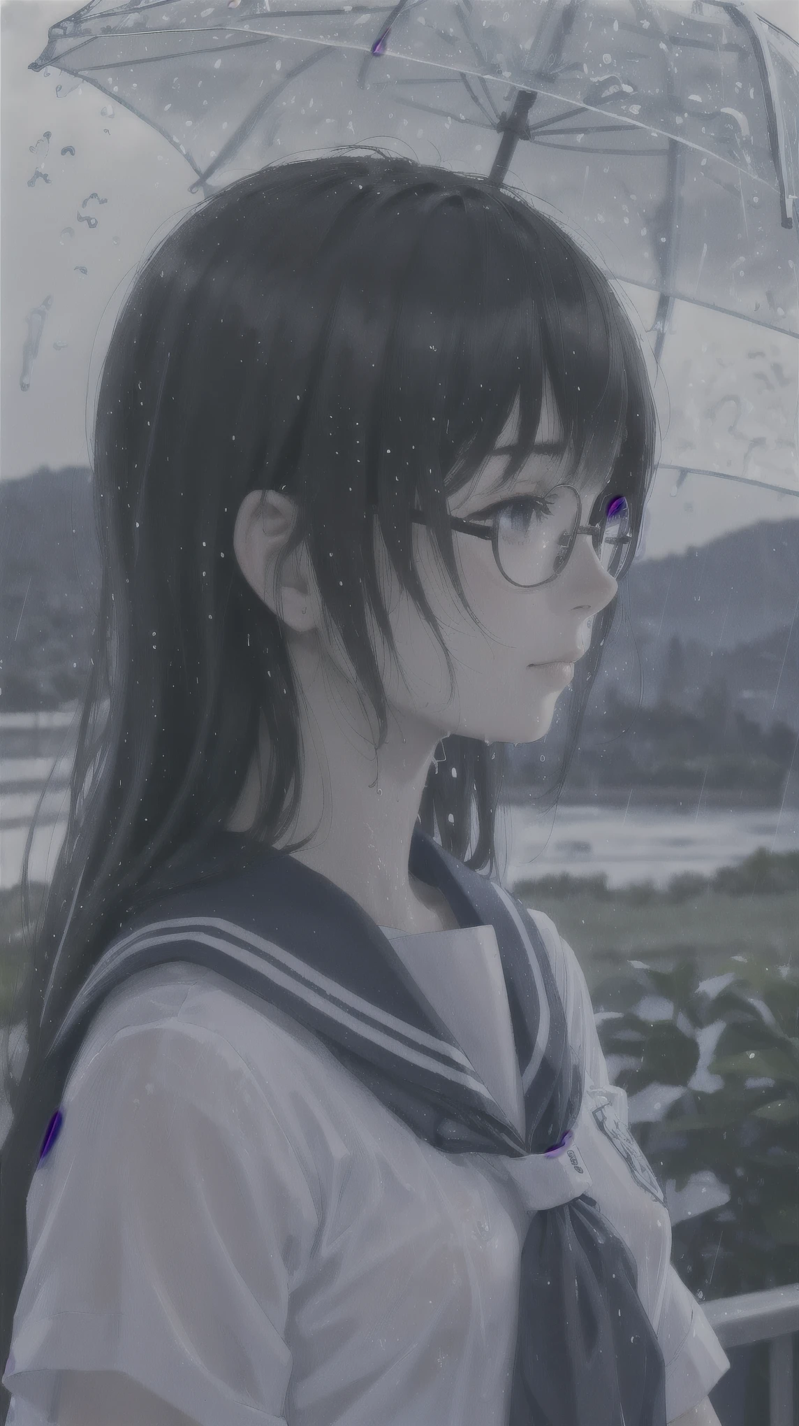 One girl、uniform、scenery、Glasses、profile、Landscape、Beautiful girl、Close-up of face、Highest quality、Masterpiece、Upper Body、solo、Wet Hair、rain