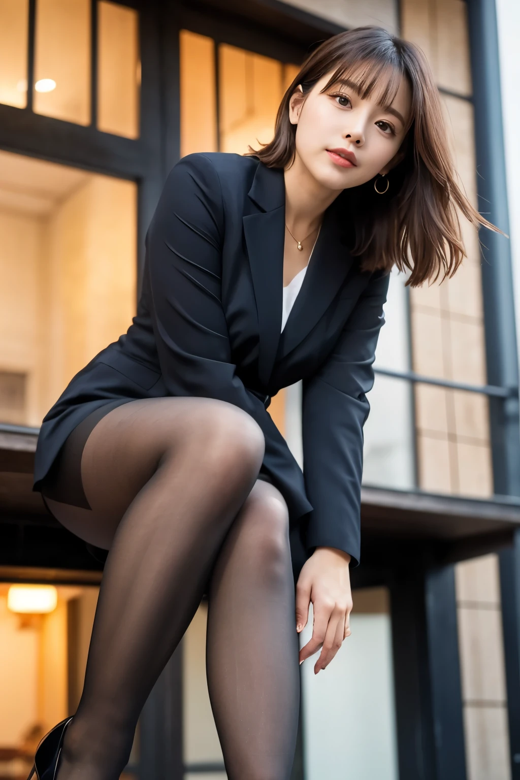 masterpiece, Bokeh, (Beautiful Face), (Detailed face), (Perfect hands), (Japanese Idols:1.6), (business suit:1.3), (Ultra-realistic pantyhose:1.3), (Sit at the top of the tower:1.3),( Balcony of a high-rise apartment building:1.3), (Blushed:1.3), Working boots, (From below:1.8), Beautiful mature woman、