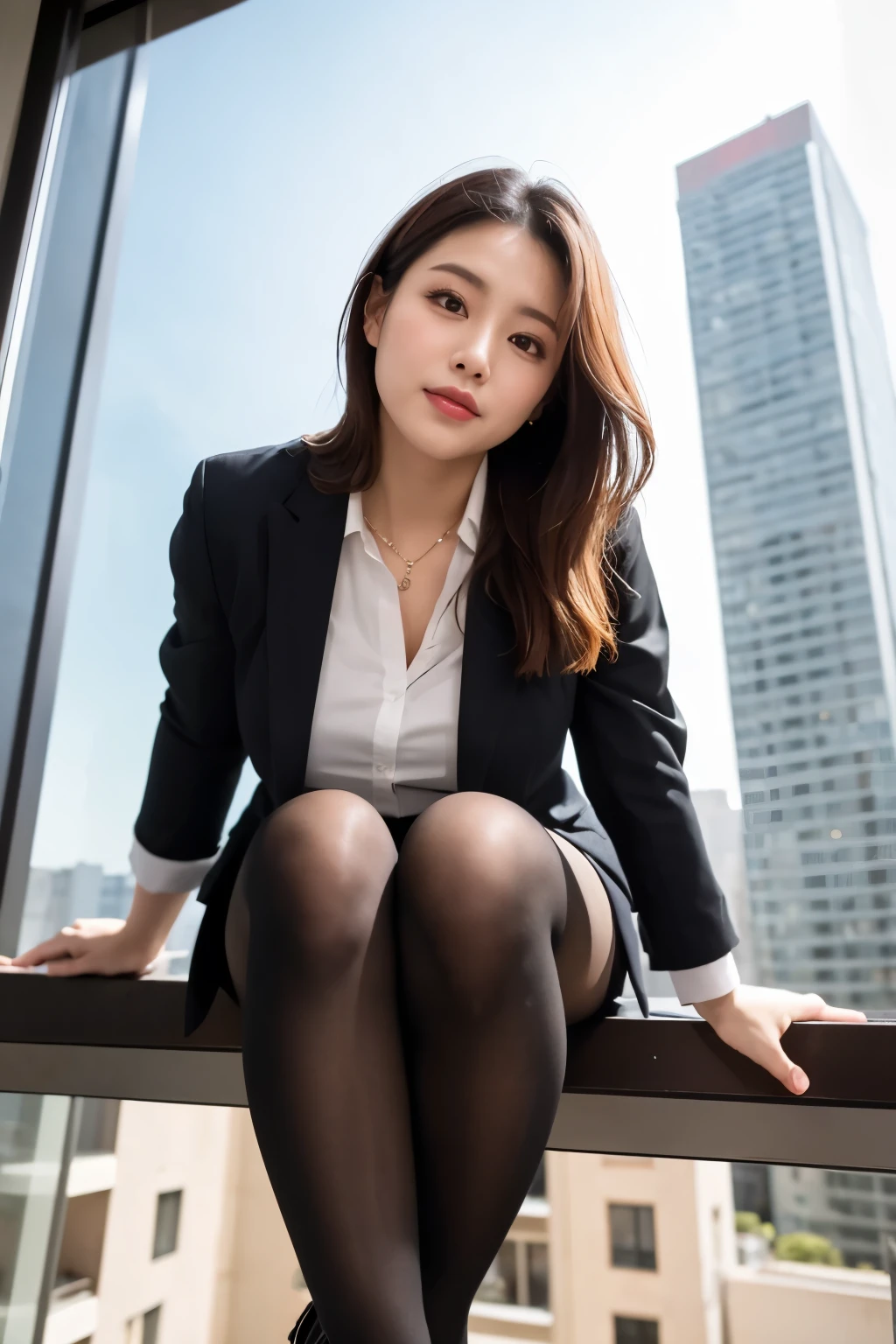 masterpiece, Bokeh, (Beautiful Face), (Detailed face), (Perfect hands), (Japanese Idols:1.6), (business suit:1.3), (Ultra-realistic pantyhose:1.3), (Sit at the top of the tower:1.3),( Balcony of a high-rise apartment building:1.3), (Blushed:1.3), Working boots, (From below:1.8), Beautiful mature woman、
