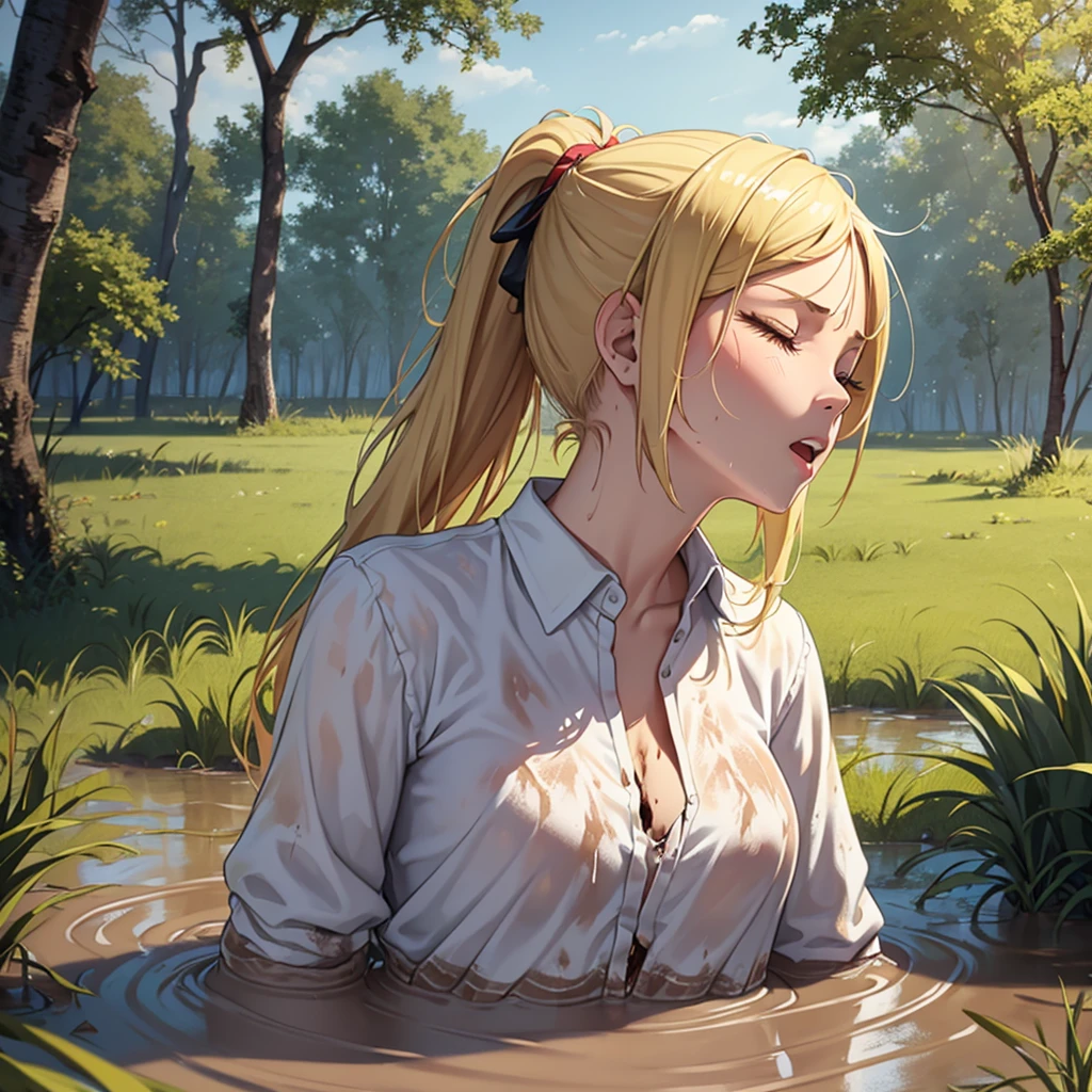 Solo girl, sweet blonde girl, 1 girl, muddy, dirty, ponytail hair, drowning in quicksand, mud, swamp, bog, grass, trees, white blouse, red miniskirt, (orgasm:1.5), (looking up:1.3), (eyes closed:1.4), from the torso up, (from side:1.4)