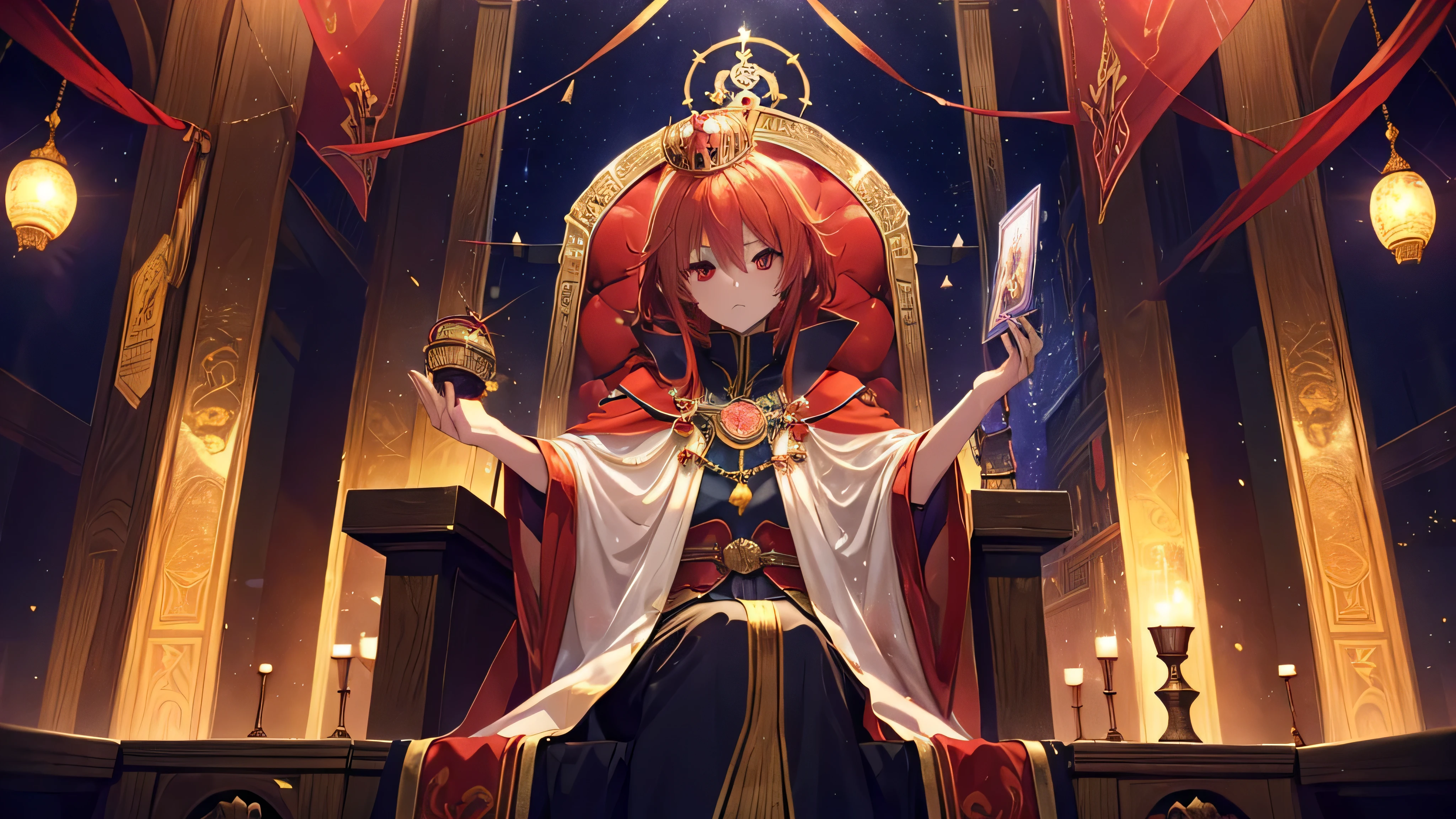 ((((Major Arcana Emperor)))) (((Male Action Domination magic circle background))) ((tyranny male Red eyes Red Hair center center close-up)) ((Osiris)) (((crown throne))) (((一人のmaleがcrownをかぶりthroneに腰掛け王笏を手にしている構図))) (ankh) incantation runes Shining Background Shining Edges 16:9 Image Sizes