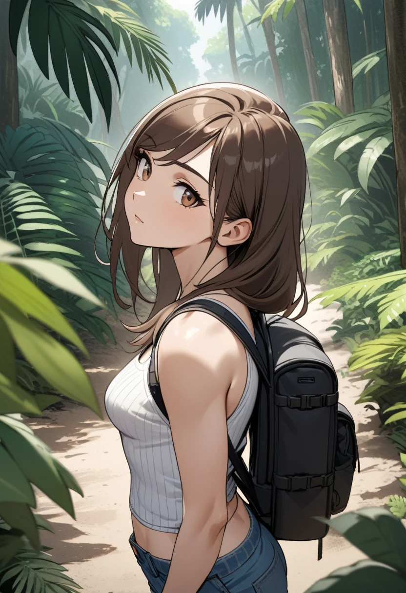 best quality, masterpiece, stoic,young woman, from above, head tilt, looking to the side, hiking backpack, upper body, close up, brown eyes, brown hair, swept bangs, very long hair, ribbed white tank top, jean shorts, baggy socks, hiking boots, small breasts, toned arms, hiking trail, dirt oath, tropical plants, fronds, ferns, colorful flowers, trees, leaves overhead, jungle canopy,